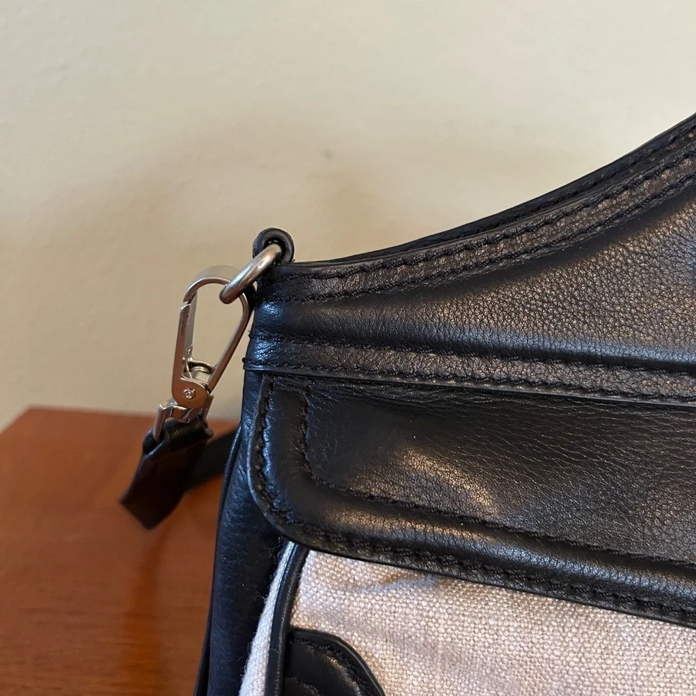 Foley & Corinna Handbag Clutch Beige Canvas Black‎ Leather Shoulder Strap Purse